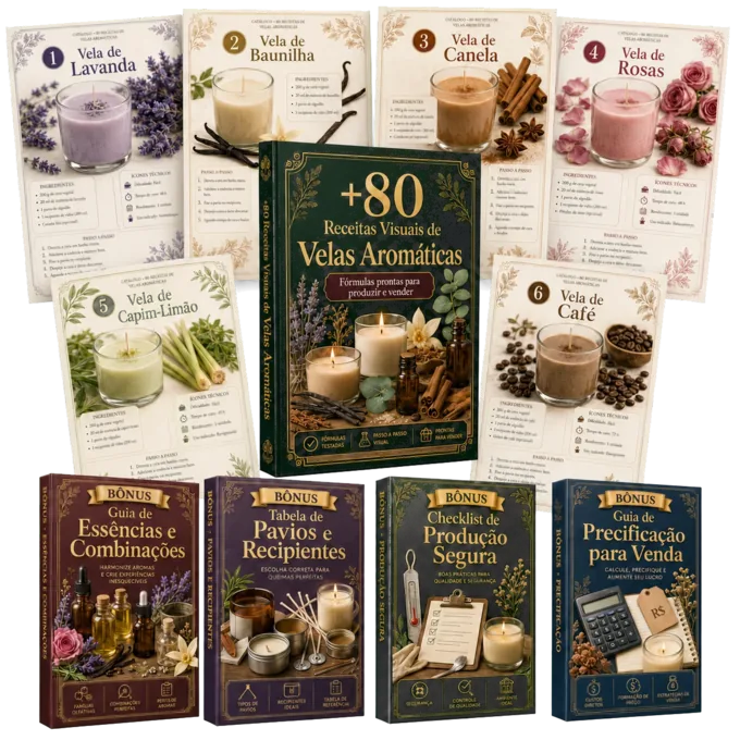 Pacote completo do Catálogo de Velas Aromáticas com receitas e bônus